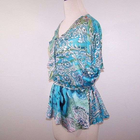 Milano Top Shirt S Ruffle Flutter Cold Shoulder Blue White Green Floral Blouse - Picture 6 of 12